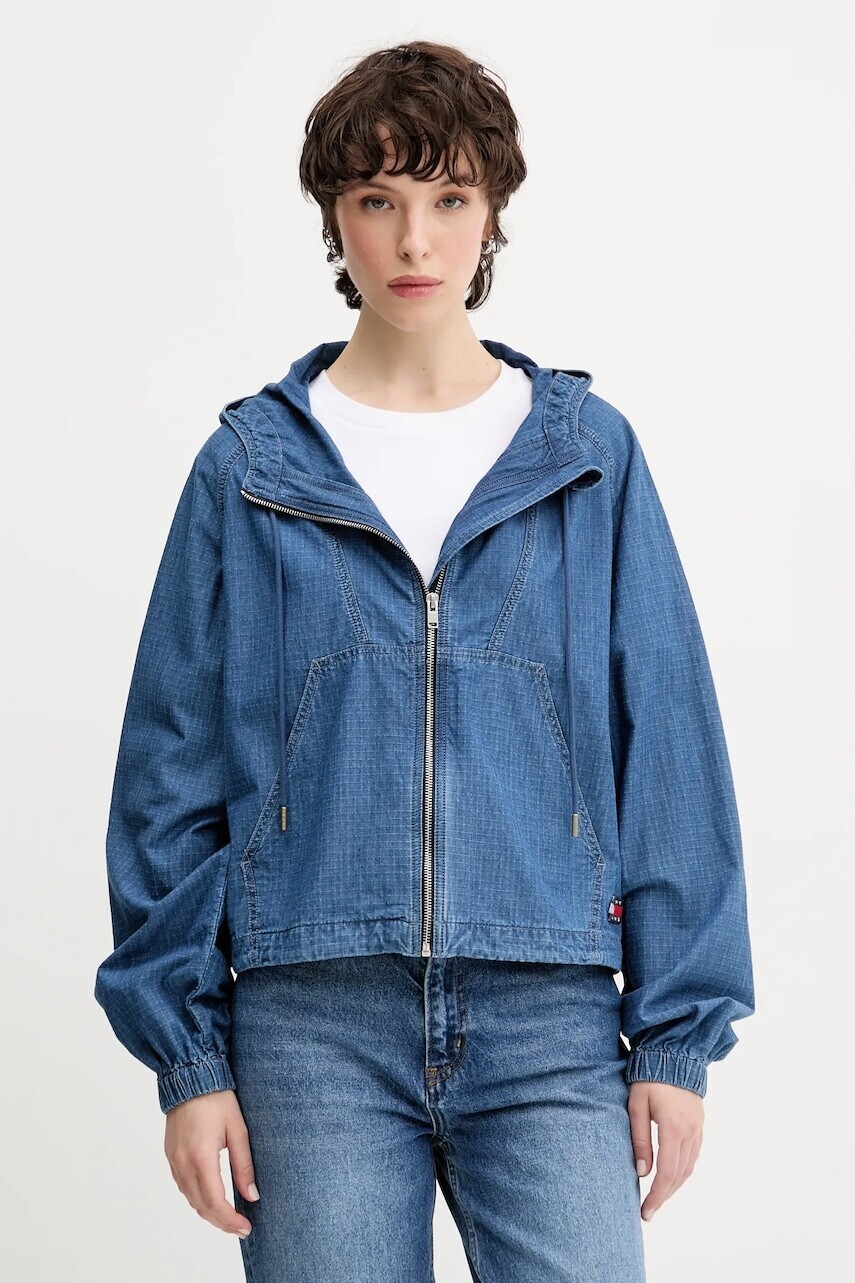 Bavlnená bunda Tommy Jeans tmavomodrá farba, prechodná, oversize, DW0DW21064