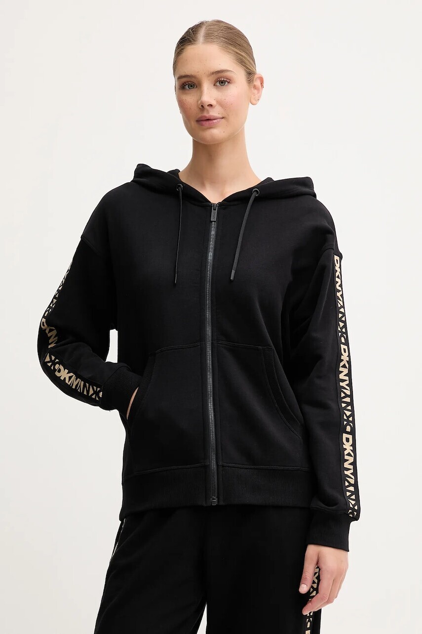 Bavlnená mikina Dkny čierna farba, s kapucňou, s nášivkou, DP5J9645