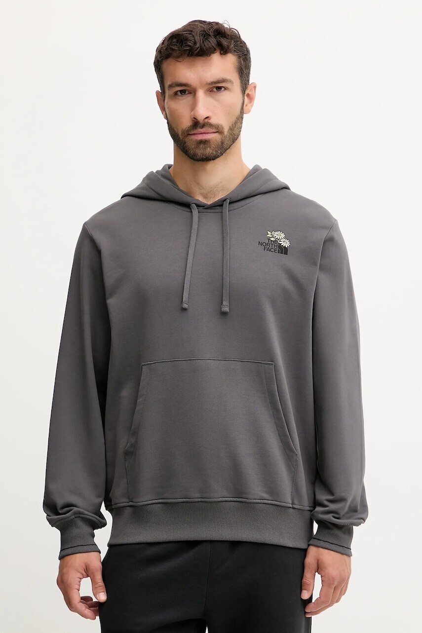 Bavlnená mikina The North Face Flowe Dome šedá farba, s kapucňou, s potlačou, NF0A8EGZRHI1
