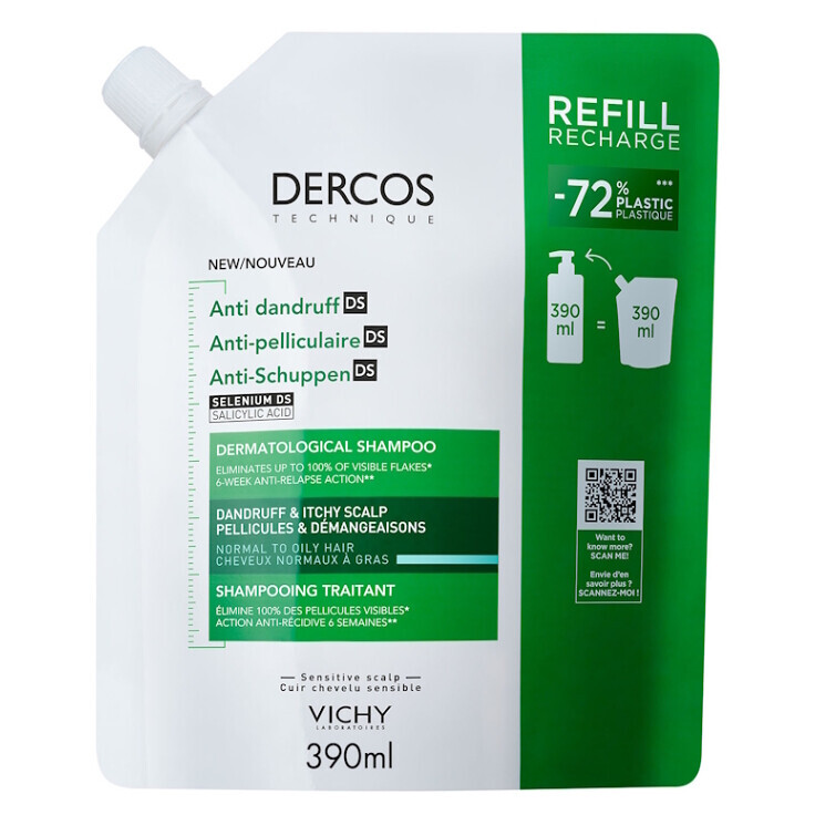 VICHY DERCOS Šampón proti lupinám mastné vlasy - náhradná náplň 390 ml