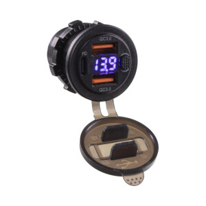 Nabíjačka 12V / 24V s voltmetrom - 2x USB QC3.0 + USB-C PD s modrým LED displejom