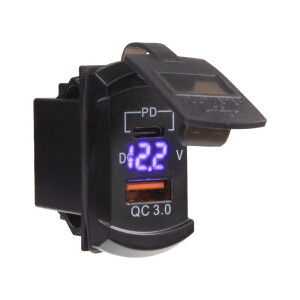 Zásuvka 12V / 24V s voltmetrom - USB QC3.0 + USB-C modrá "ROCKER"