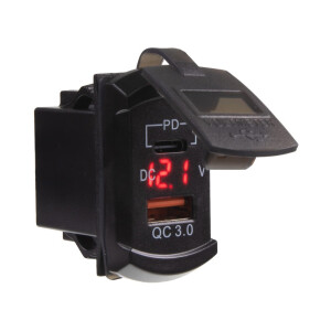 Zásuvka 12V / 24V s voltmetrom - USB QC3.0 + USB-C červená "ROCKER"