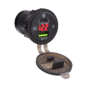Nabíjačka 12V / 24V s voltmetrom - USB QC3.0 + USB-C PD s červeným LED displejom