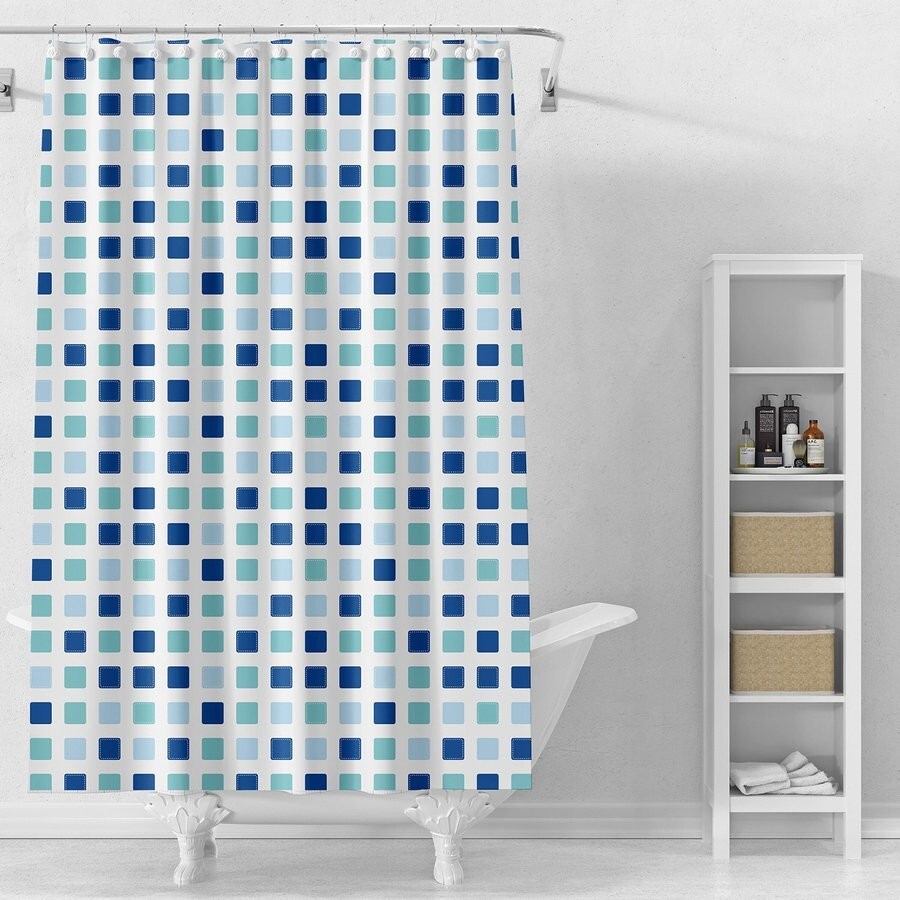 AQUALINE - Sprchový závěs 180x180cm, vinyl, bílá, modré kostky ZV036