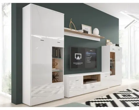 Obývacia stena s osvetlením Storm, dub/biely lesk%