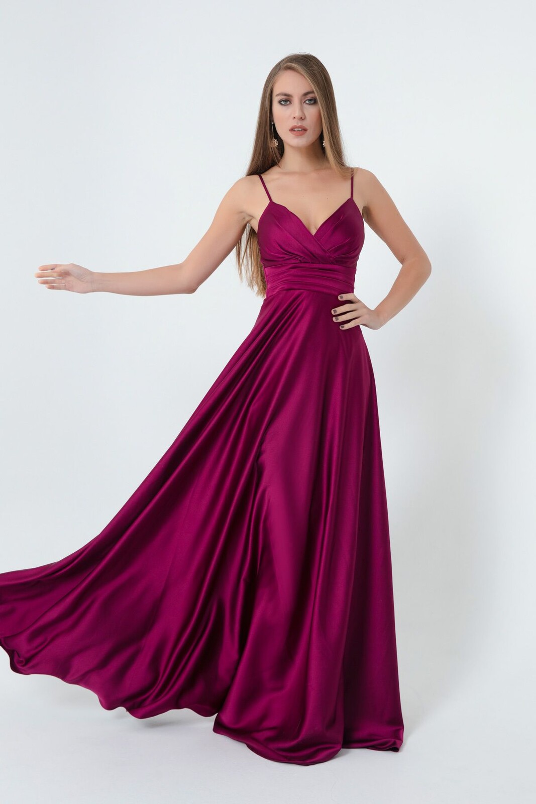 Lafaba Women's Long Satin Evening & Prom Dress with Plum Rope Straps and Waist Belt