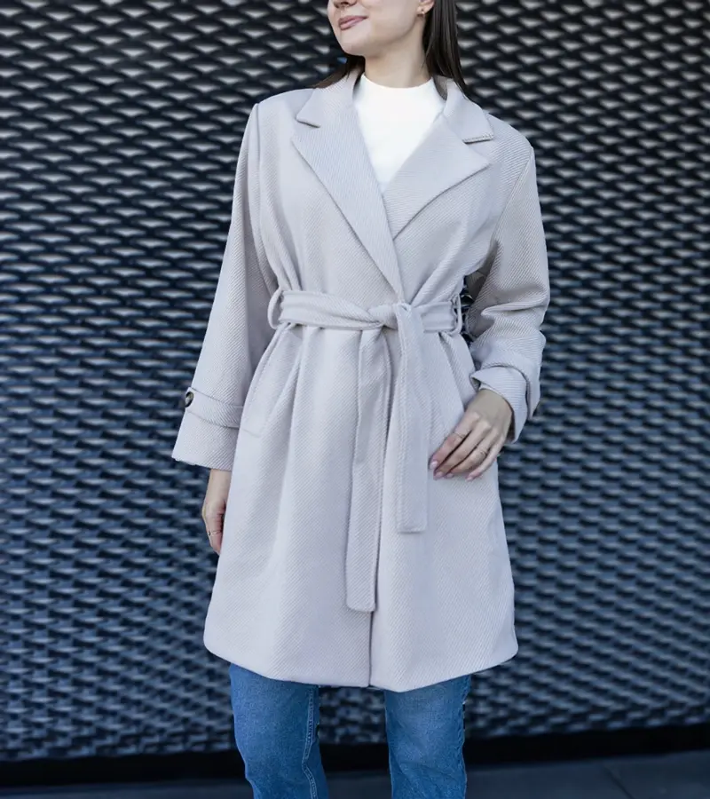 Gemre Elegantný béžový kabát viazaný oversize Bahera