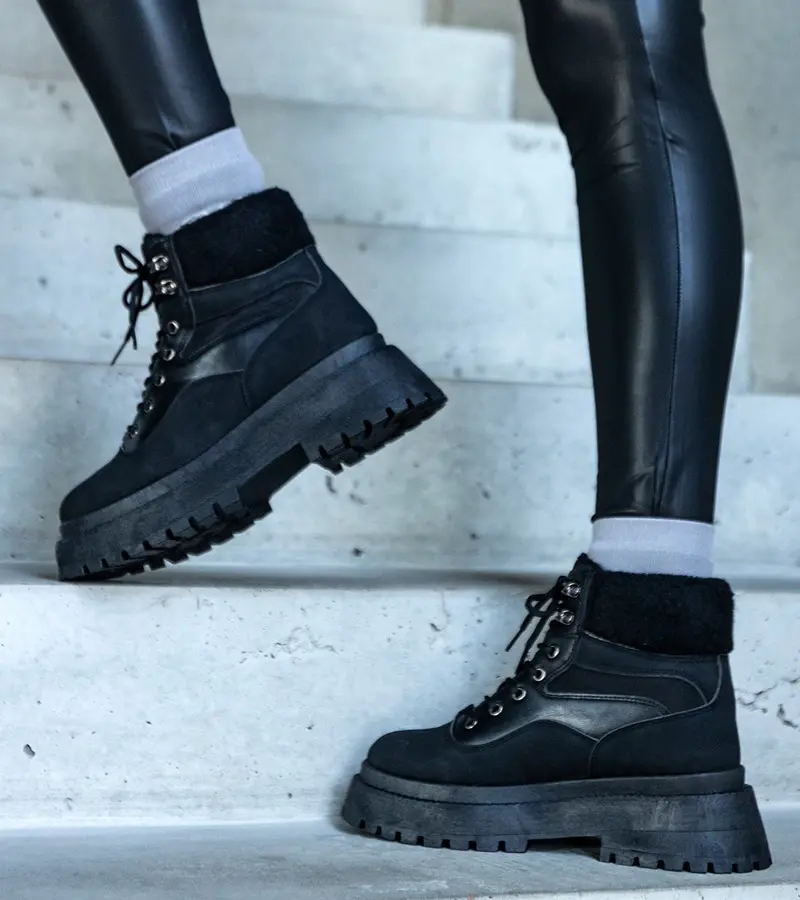 Gemre Čierne členkové topánky na hrubej podrážke s kožúškom Best