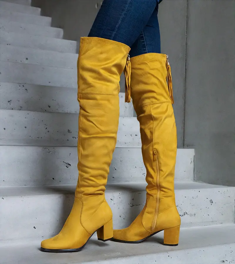 Gemre Žlté čižmy na opätku nad koleno vyrobené z eko semišu Alane