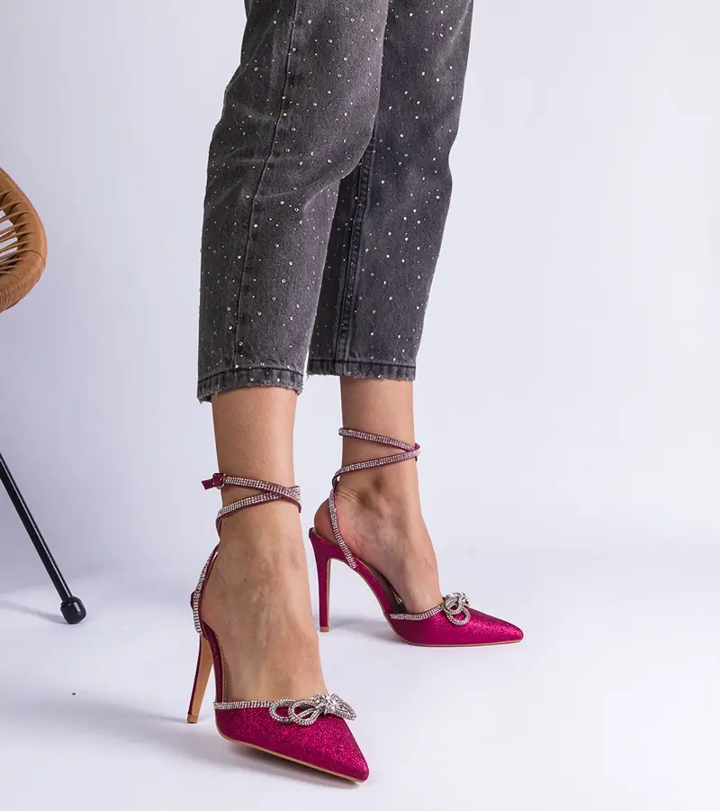 Gemre Ružové trblietavé lodičky s mašličkou a kamienkami Merkuri