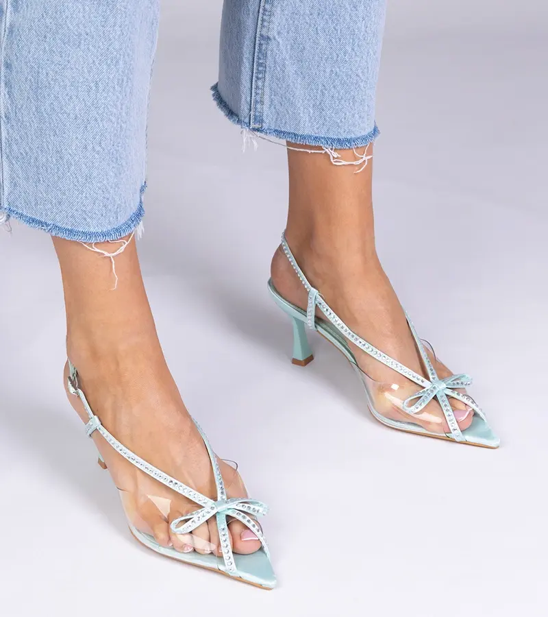 Gemre Zelené priehľadné sandále na opätku s kryštálmi Kloksi