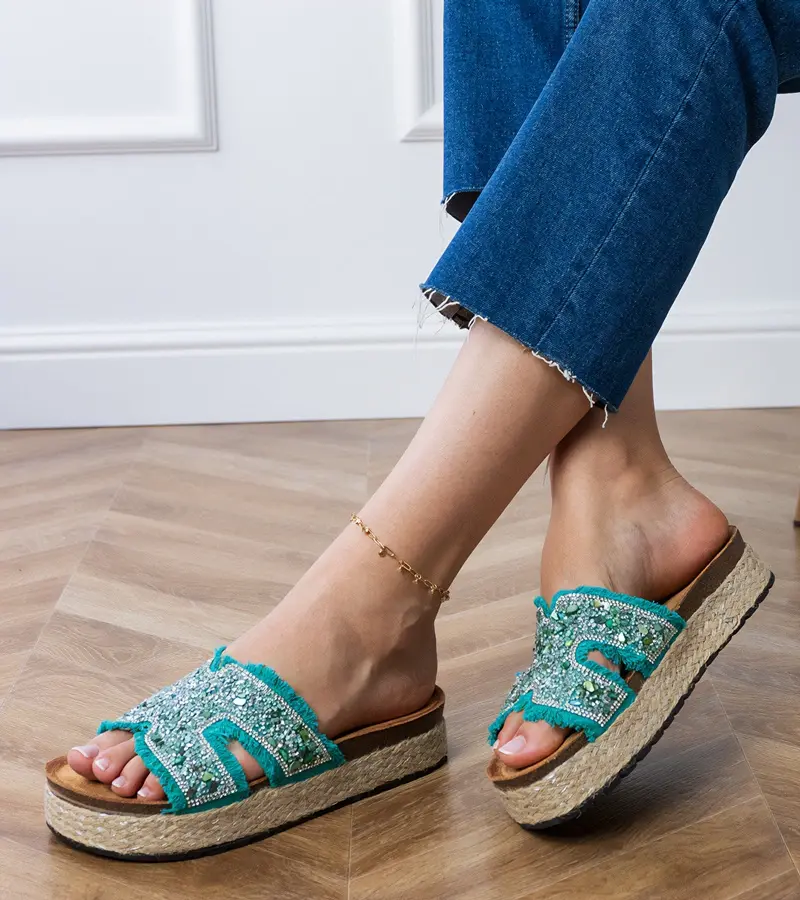 Gemre Zelené šľapky espadrilky s kryštálikmi a kamienkami Najros