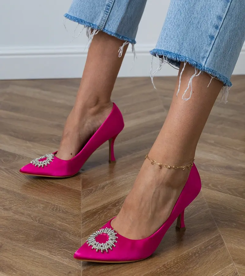 Gemre Ružové saténové lodičky s kryštálmi Bellira