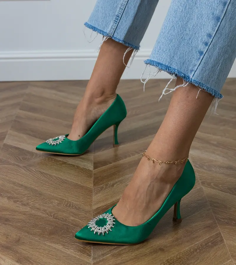 Gemre Zelené saténové lodičky s kamienkami Bellira