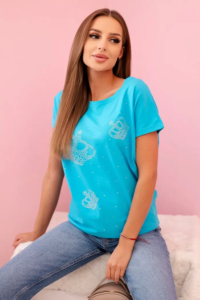 Kesi Dámska blúzka s krátkym rukávom a cyrkóniami tyrkysová