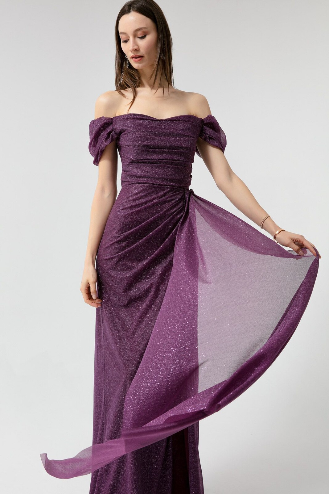 Lafaba Women's Damson Boat Neck Draped Slit Long Silvery Evening Dress