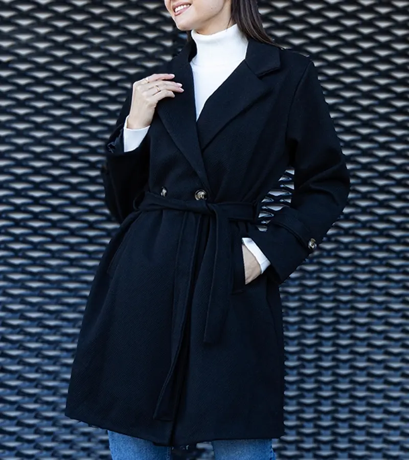 Gemre Elegantný čierny kabát viazaný oversize Bahera