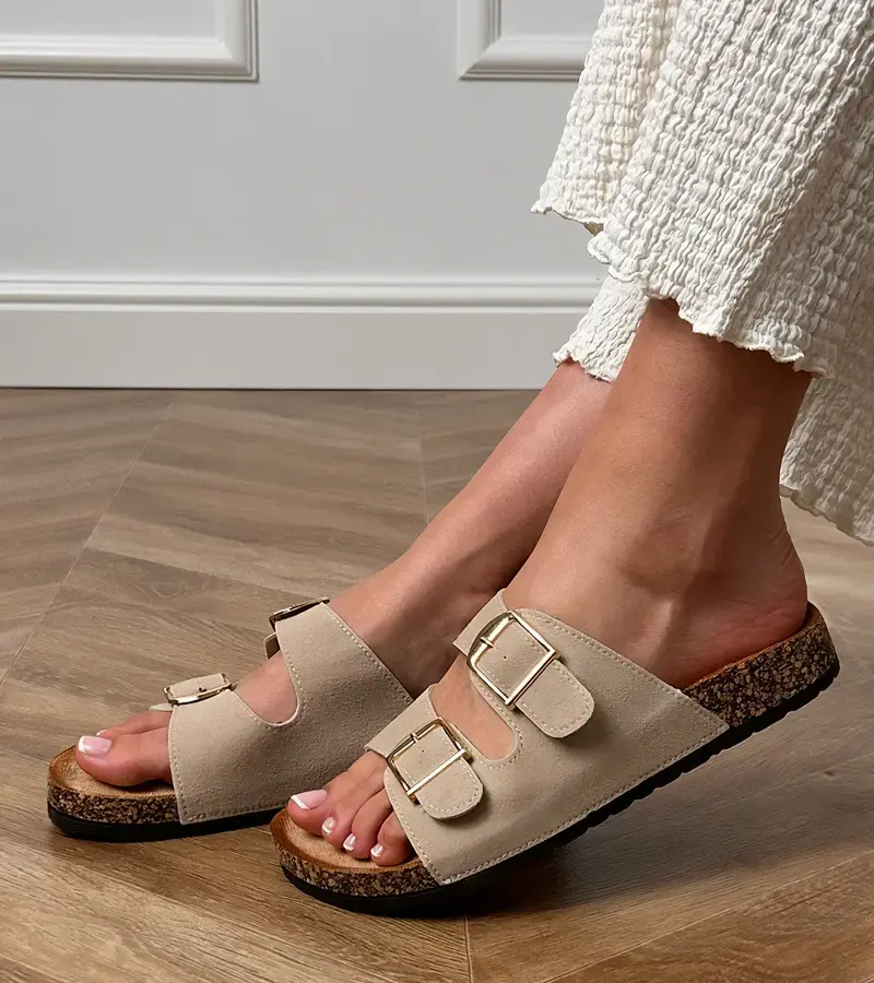 Gemre Beige sandals with buckles on a cork sole Cloud