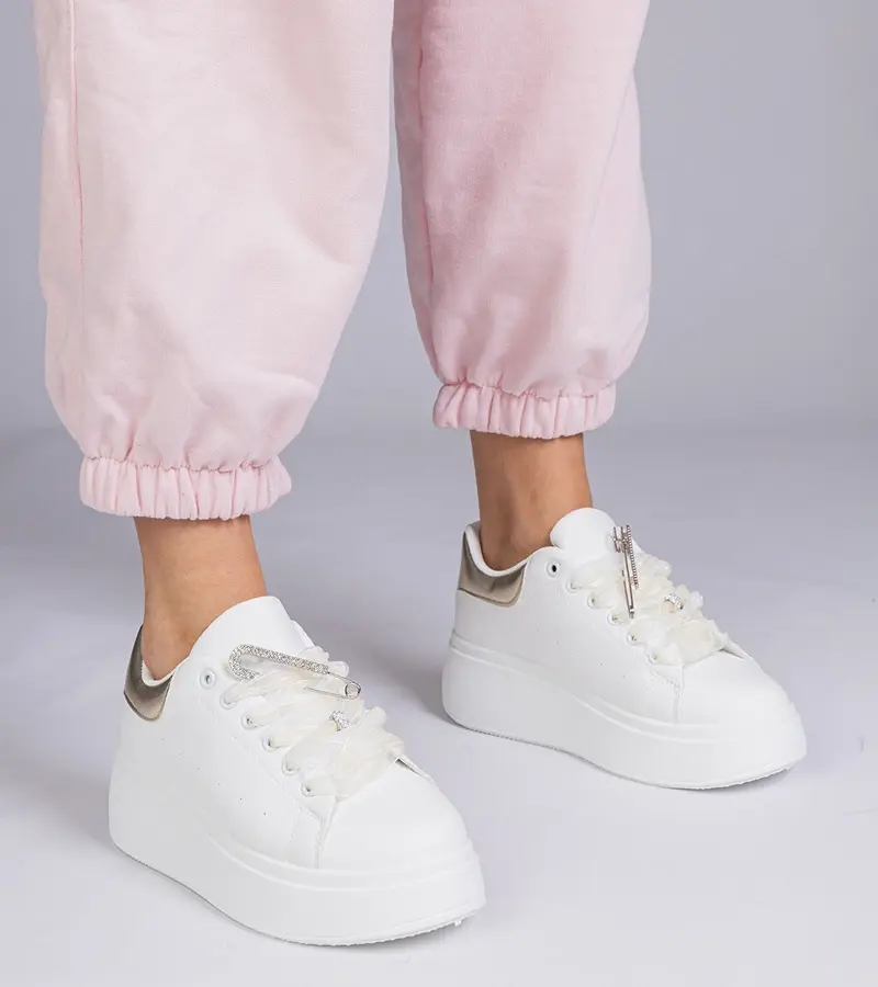 Gemre White sneakers with a golden insert and stiletto with rhinestones Floura