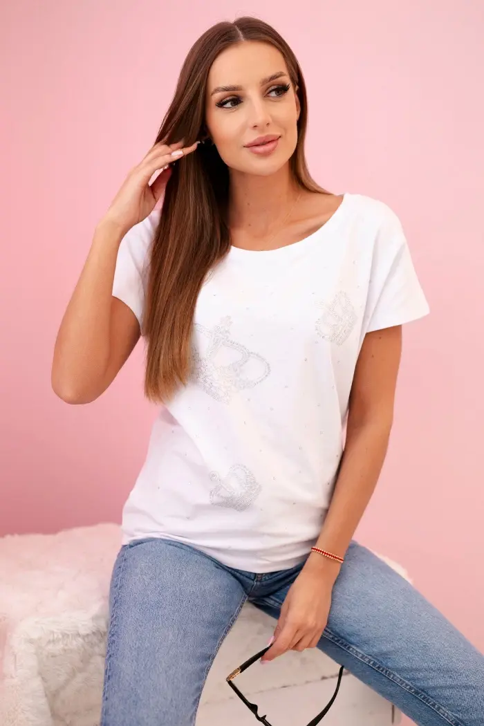 Kesi Dámska blúzka s krátkym rukávom a cyrkóniami biela