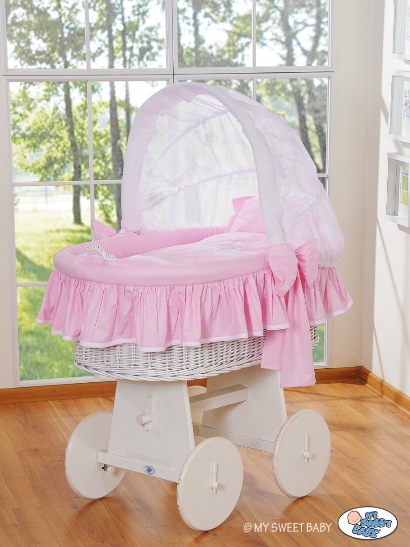 My Sweet Baby GLAMOUR BIELY - prútený košík pre bábätko, na kolieskach, so strieškou - RUŽOVÉ PREVEDENIE