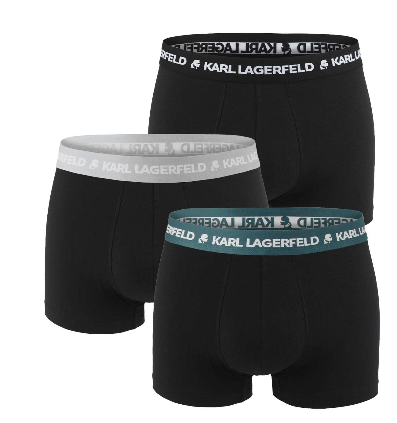 KARL LAGERFELD - boxerky 3PACK organic cotton logo LAGERFELD black with gray & deepteal waist - limitovaná edícia