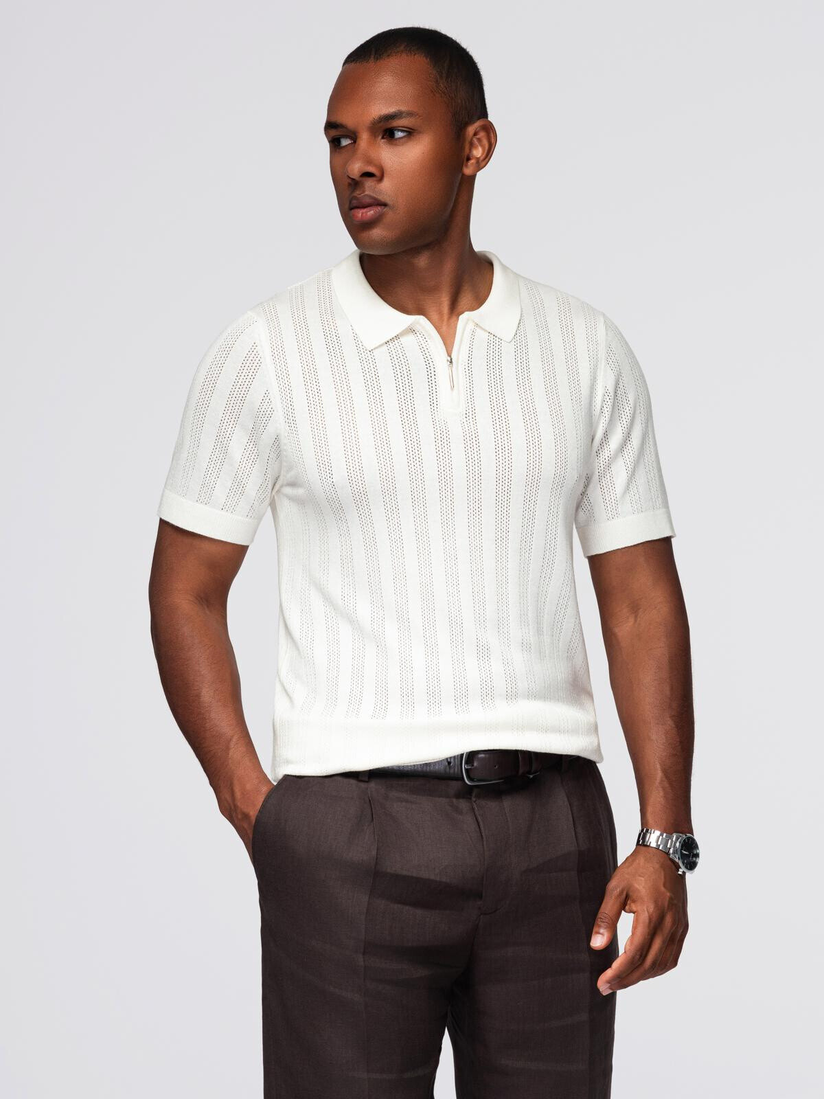 Ombre Men's openwork polo shirt with zipper at neckline - white