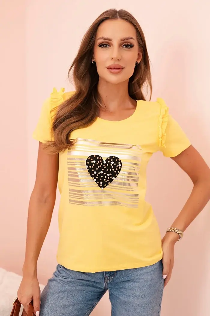 Kesi Dámska bavlnená blúzka s volánom a srdcom z kamienkov žltá