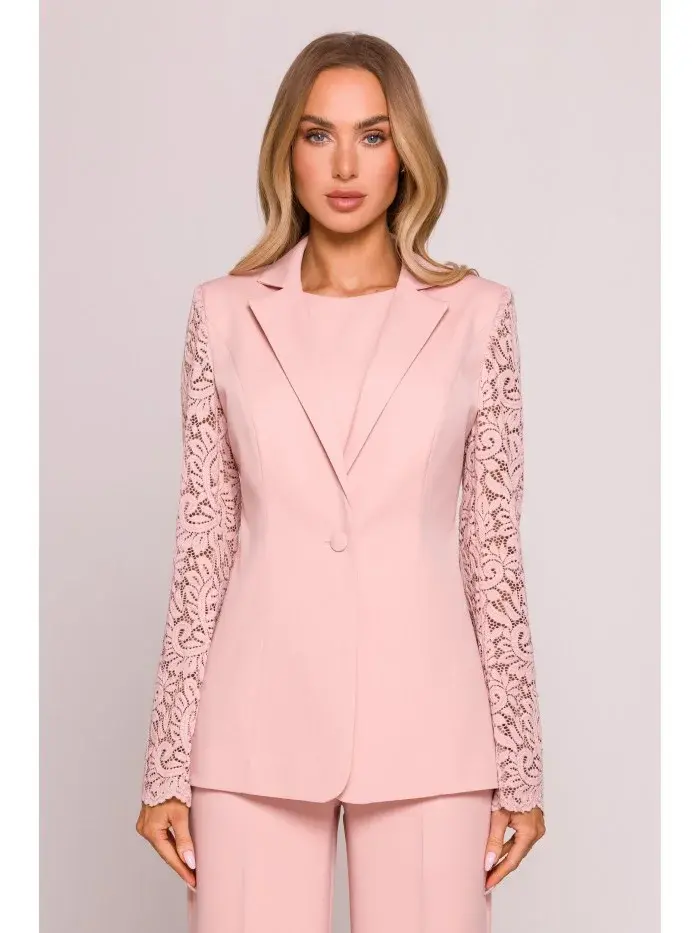 M865 Sako s čipkovanými panelmi a jedným gombíkom - púdrové EU S