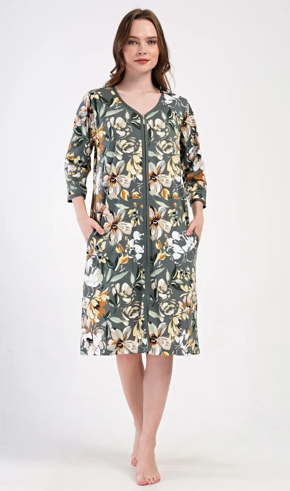 Dámske domáce šaty s trojštvrťovými rukávmi Marie khaki 1XL