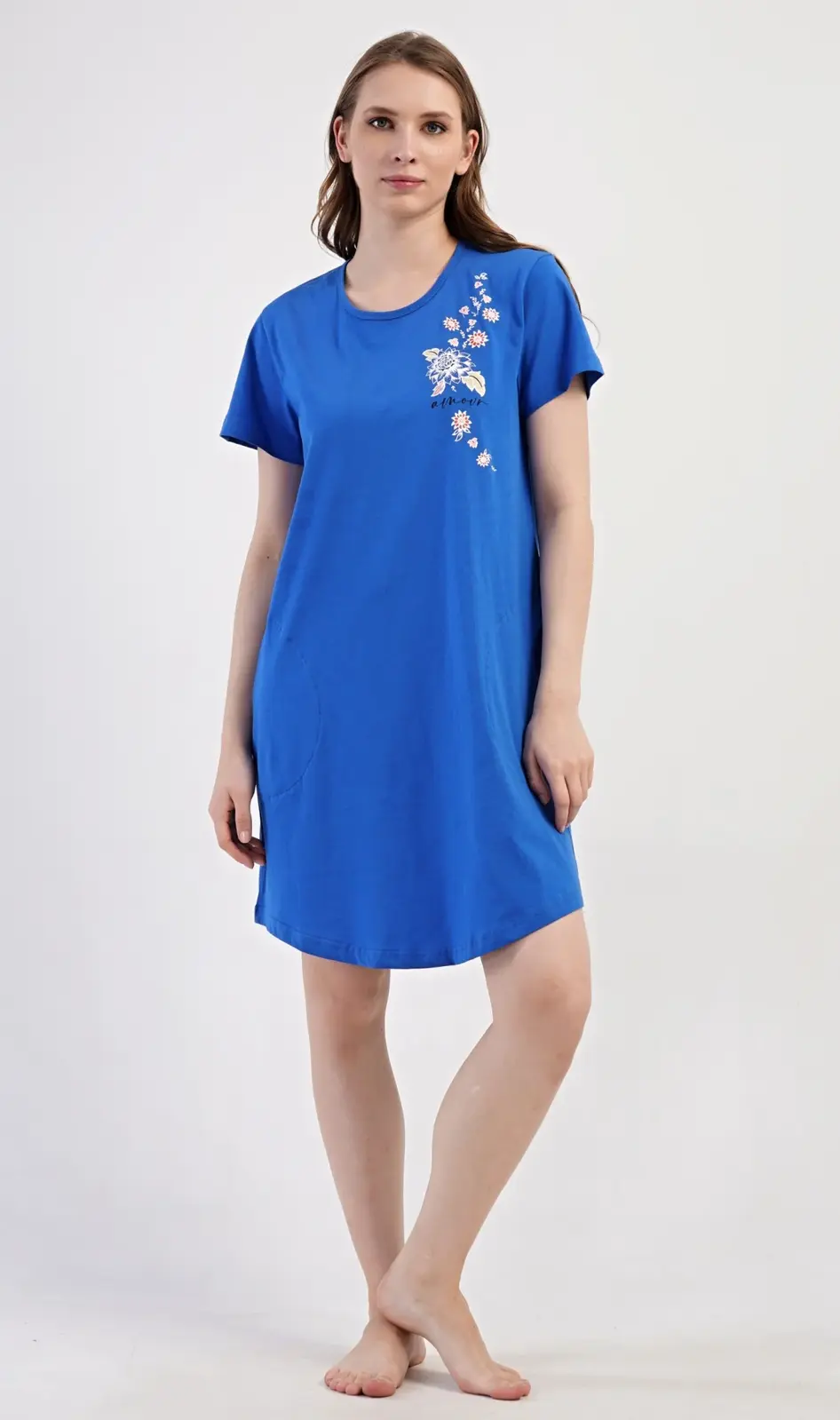 Dámske domáce šaty s krátkymi rukávmi Kvety modrá 1XL