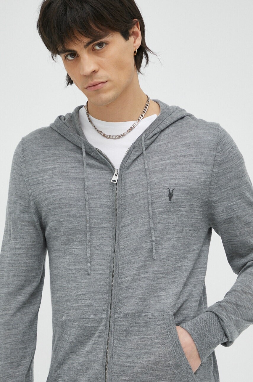 Vlnená mikina AllSaints šedá farba, s kapucňou, melanžová