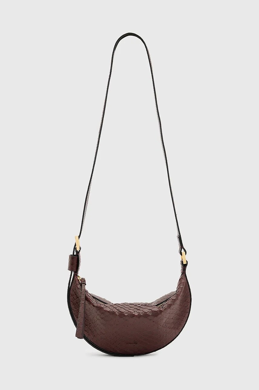 Kožená kabelka AllSaints HALFMOON SNAKE bordová farba, W387XB