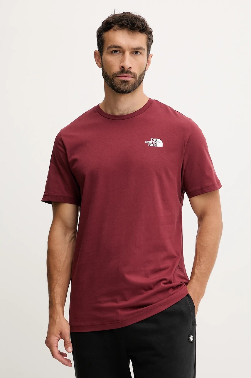 Bavlnené tričko The North Face Redbox pánske, bordová farba, s potlačou, NF0A87NPDO31