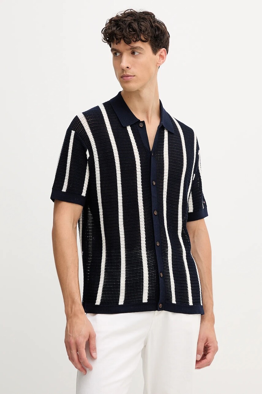 Bavlnená košeľa Tommy Hilfiger tmavomodrá farba, voľný strih, s klasickým golierom, MW0MW41225