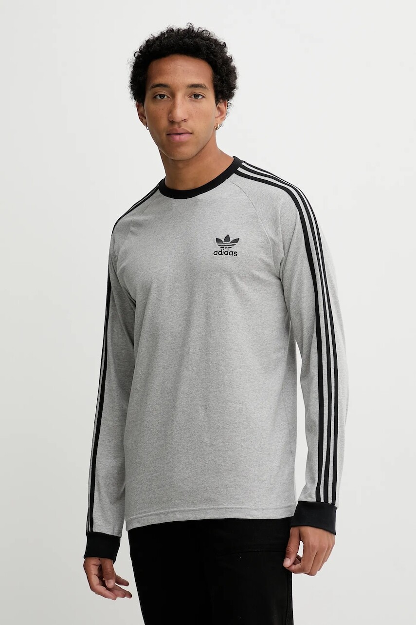 Bavlnené tričko s dlhým rukávom adidas Originals 3-Stripes šedá farba, melanžová, JY1375