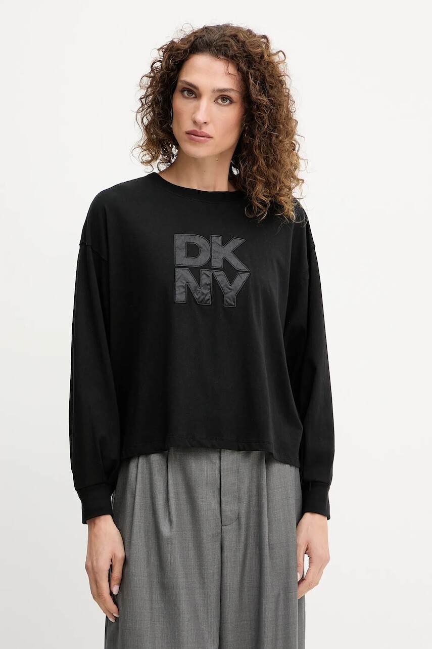 Bavlnené tričko s dlhým rukávom Dkny čierna farba, DJ5T1488