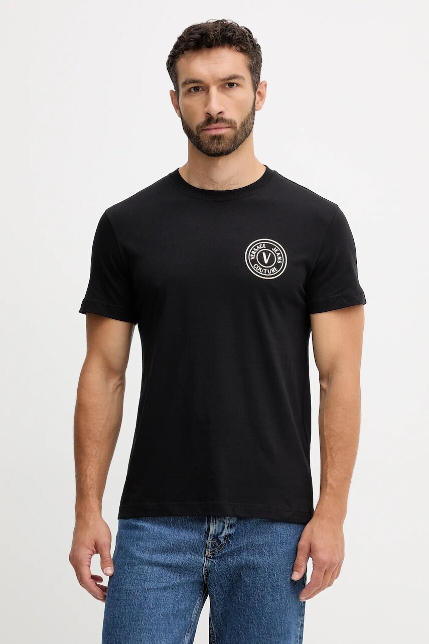 Bavlnené tričko Versace Jeans Couture pánske, čierna farba, s nášivkou, 79GAHT00 CJ00T