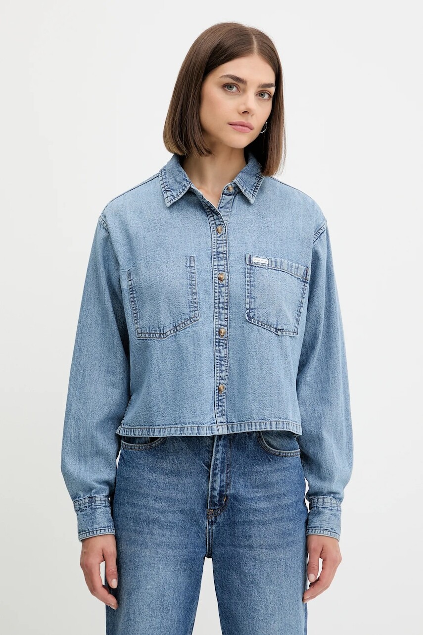 Rifľová košeľa Guess Jeans modrá farba, voľný strih, s klasickým golierom, W5YH0D D5M86