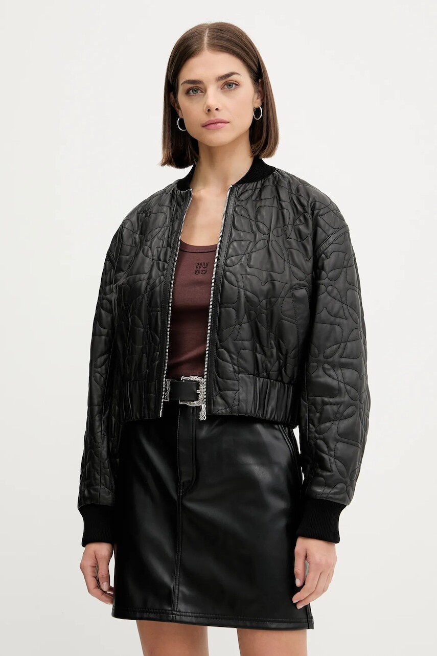 Kožená bunda bomber HUGO čierna farba, prechodná, oversize, 50542331