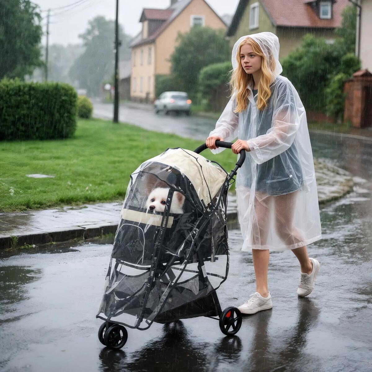 Kočárek pro psy do 10 kg, s pláštěnkou, modro-béžový