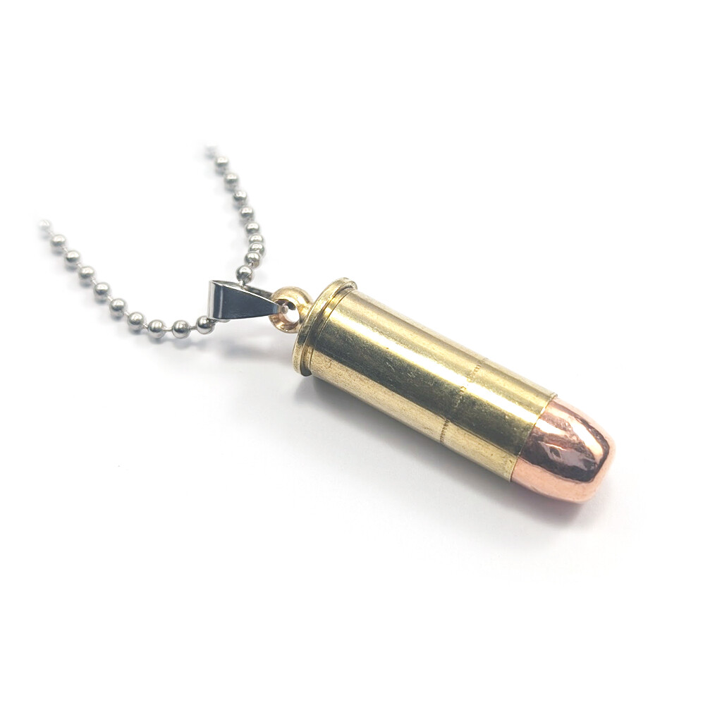 Náhrdelník s nábojom .44 Special Smith & Wesson a nerezovým remienkom - zlatý