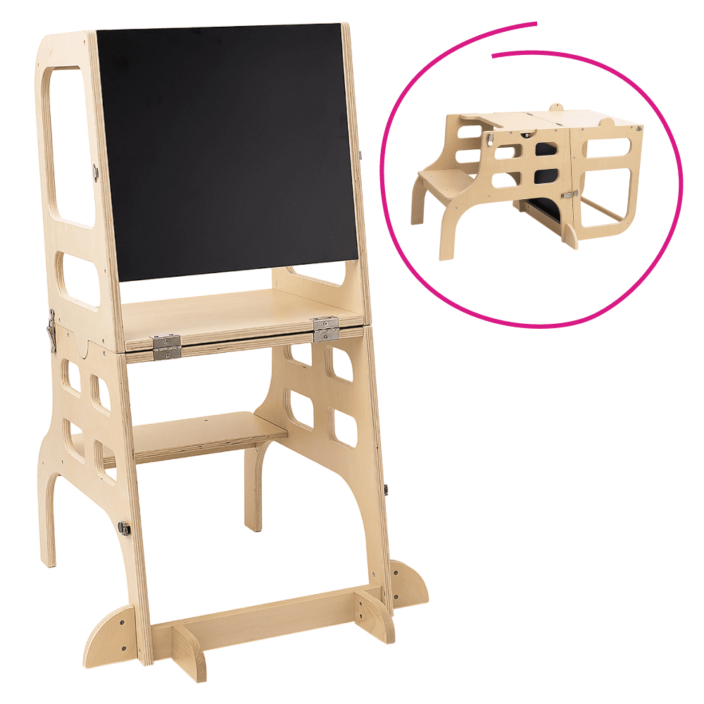 Montessori učiaca veža 3v1 s tabuľou, prírodná, MAGAN