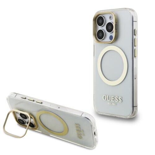 Guess IML Gold Outline Stand Camera Frame MagSafe Zadní Kryt pro iPhone 15 Pro Max Transparent
