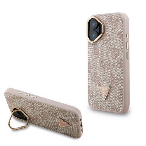 Guess PU 4G Strass Triangle Logo Stand Camera Frame MagSafe Zadní Kryt pro iPhone 16 Pink