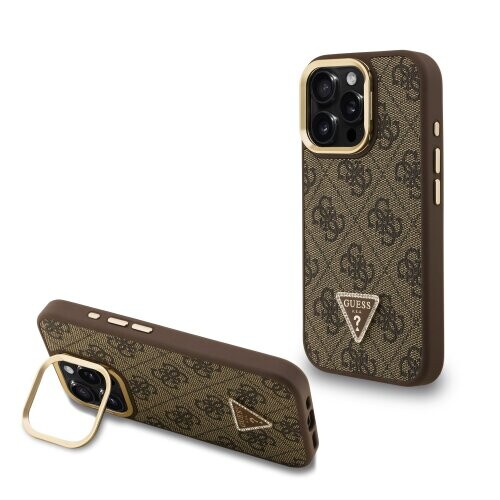 Guess PU 4G Strass Triangle Logo Stand Camera Frame MagSafe Zadní Kryt pro iPhone 16 Pro Max Brown