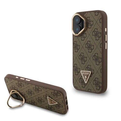 Guess PU 4G Strass Triangle Logo Stand Camera Frame MagSafe Zadní Kryt pro iPhone 16 Brown