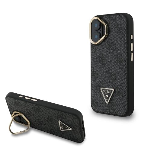 Guess PU 4G Strass Triangle Logo Stand Camera Frame MagSafe Zadní Kryt pro iPhone 16 Black