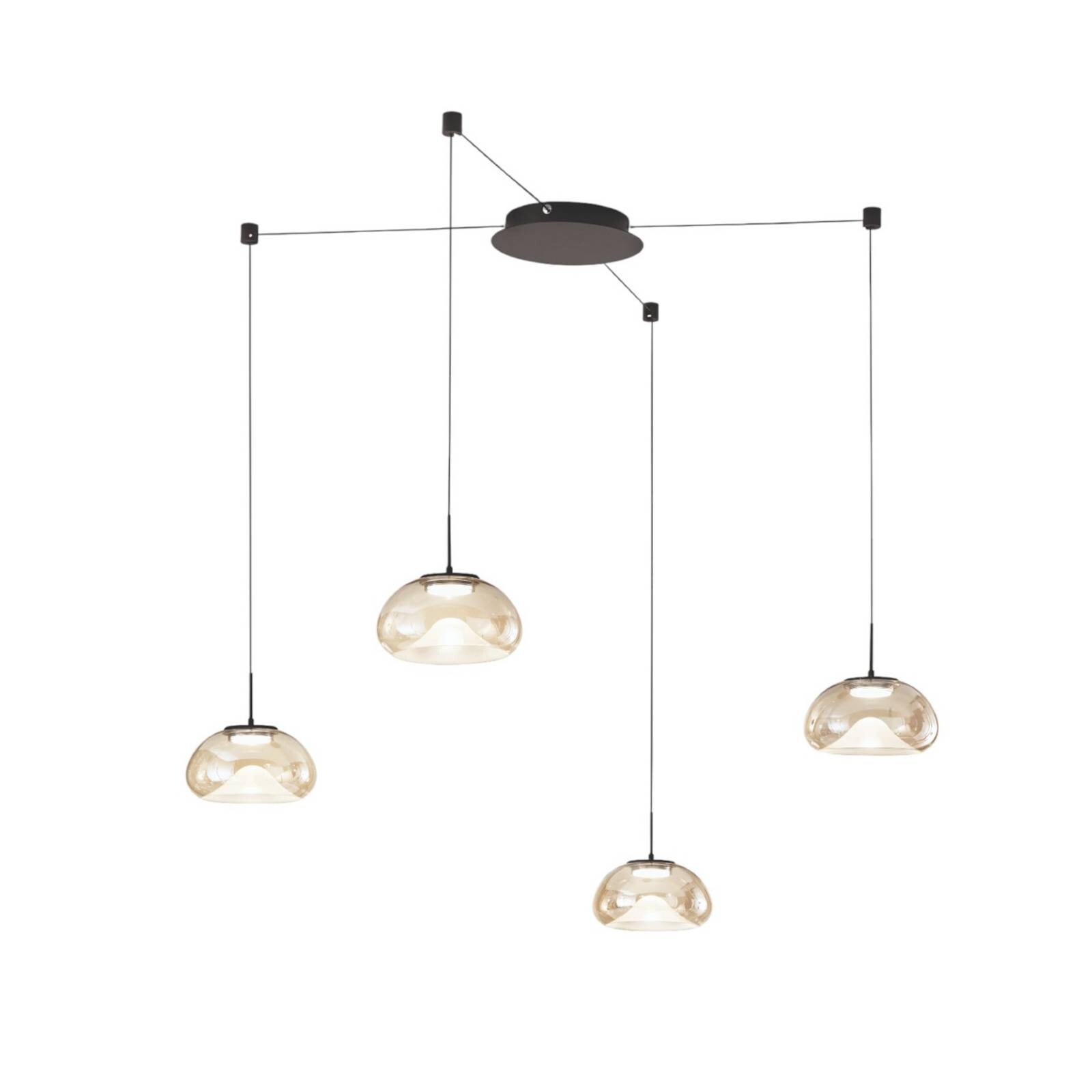 LED závesné svietidlo Brena, 4-pl., koňak, sklo, CCT, stmievateľné